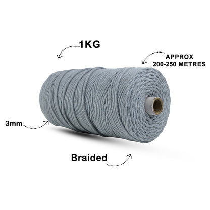 3mm Braided | Steel Grey | 150 Metres | Approx 700gms | Cotton | No 24