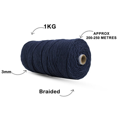 3mm Braided | Dark Blue | 150 Metres | Approx 700gms | Cotton | No 27