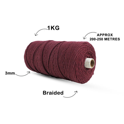 3mm Braided | Wine | 200-250 Meters | 1 Kg Spool | Cotton | No 29