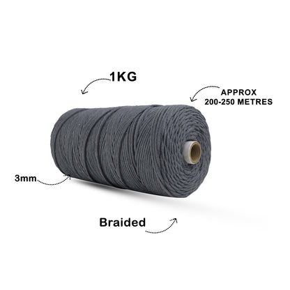 3mm Braided | Dark Grey | 150 Metres | Approx 700gms | Cotton | No 02