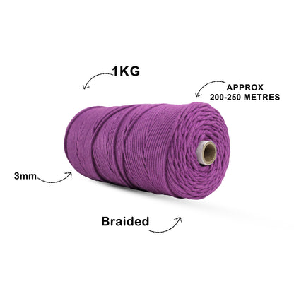 3mm Braided | Reddish Purple | 150 Metres | Approx 700gms | Cotton | No 36