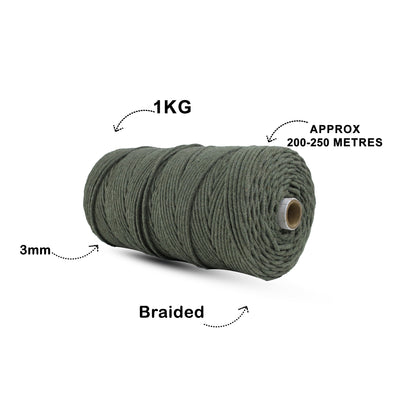 3mm Braided | Army Green | 150 Metres | Approx 700gms | Cotton | No 38