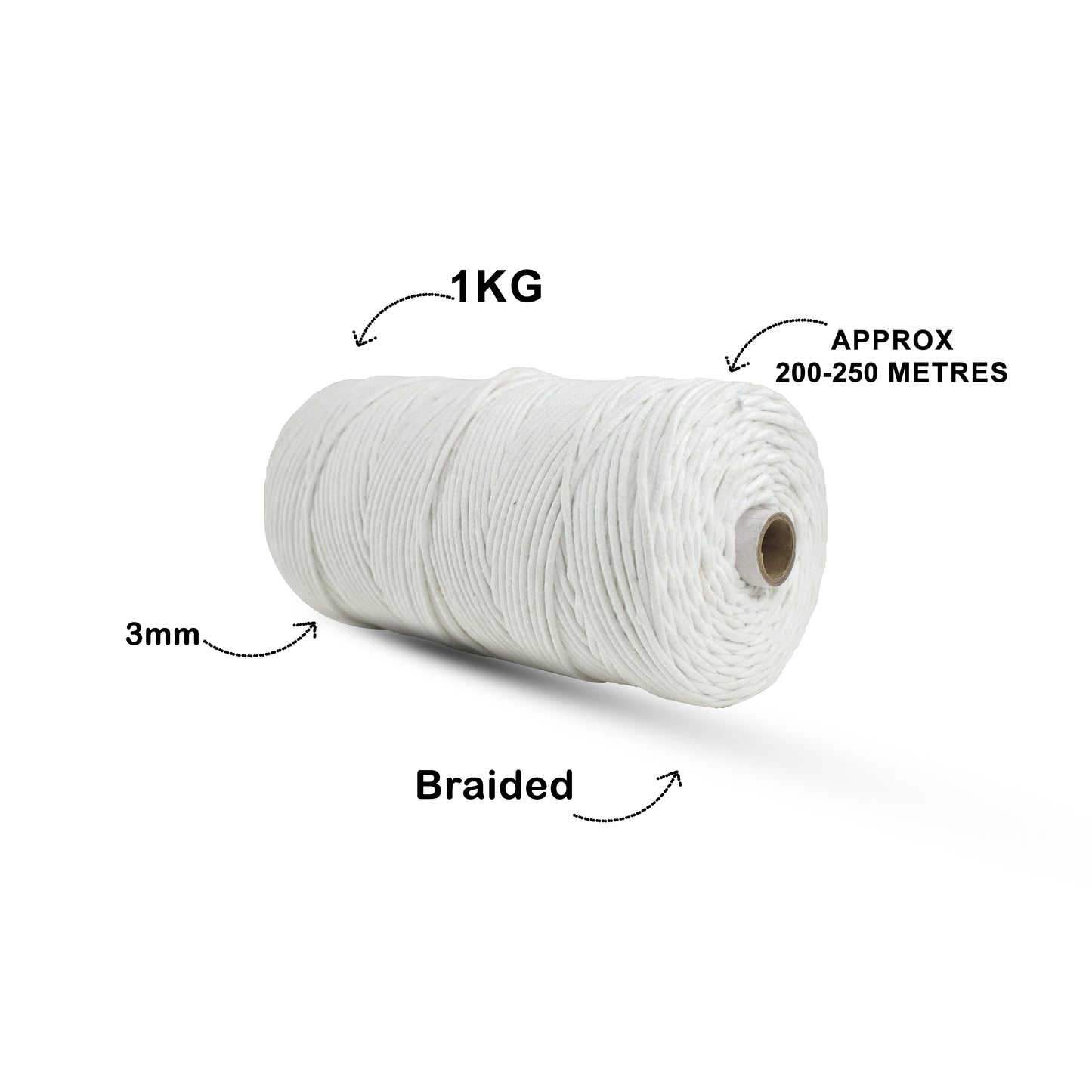 3mm Braided | Pure White | 150 Metres | Approx 700gms | Cotton | No 03