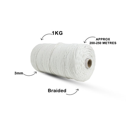 3mm Braided | Pure White | 150 Metres | Approx 700gms | Cotton | No 03