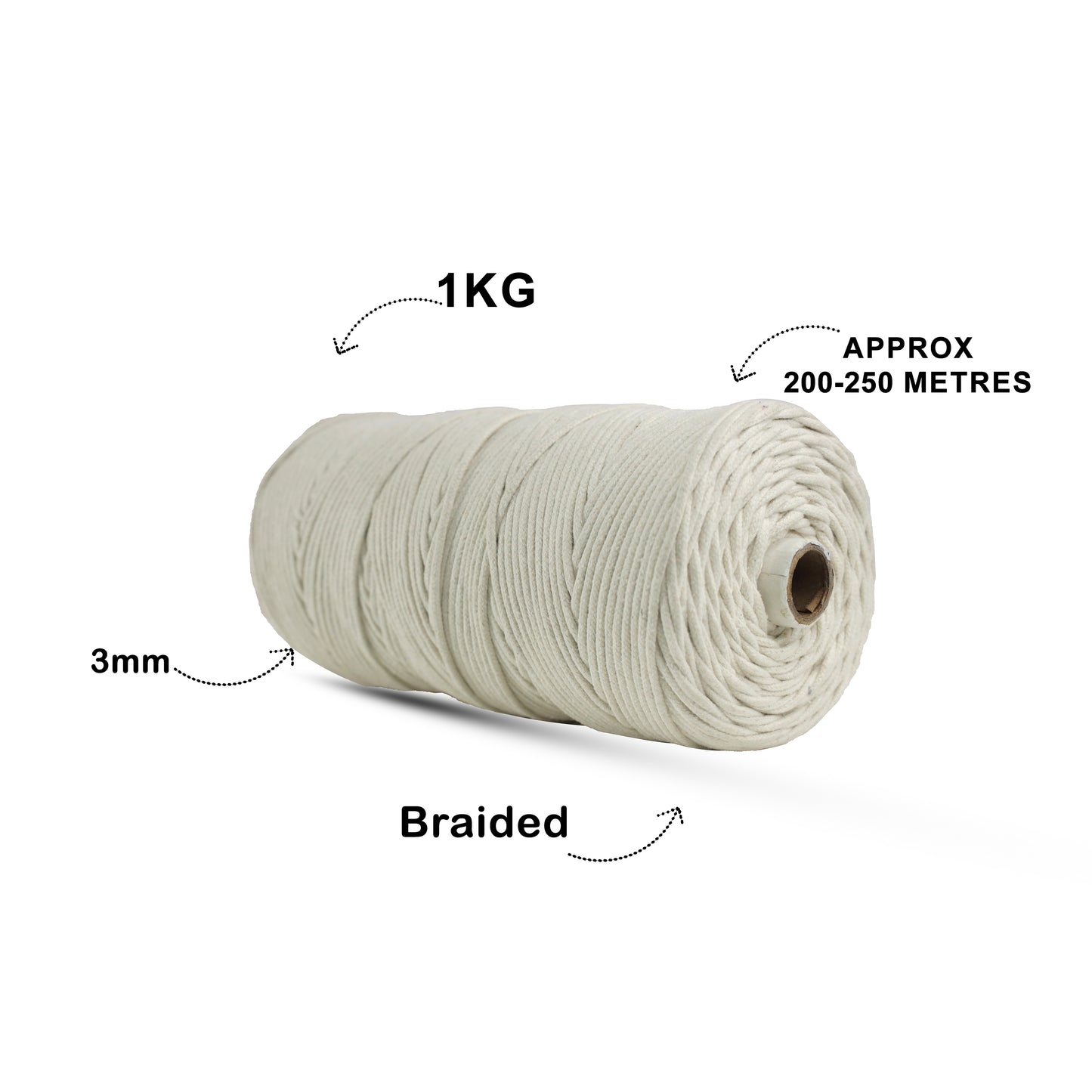 3mm Braided | Off White | 200-250 Meters | 1 Kg Spool | Cotton | No 04