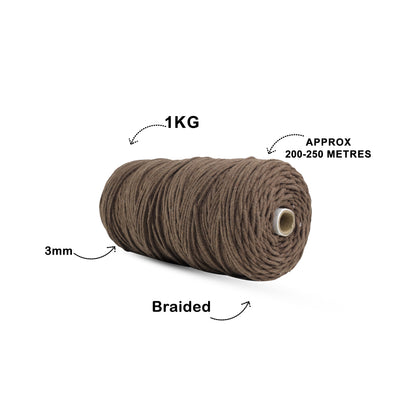 3mm Braided | Coffee Brown | 150 Metres | Approx 700gms | Cotton | No 05