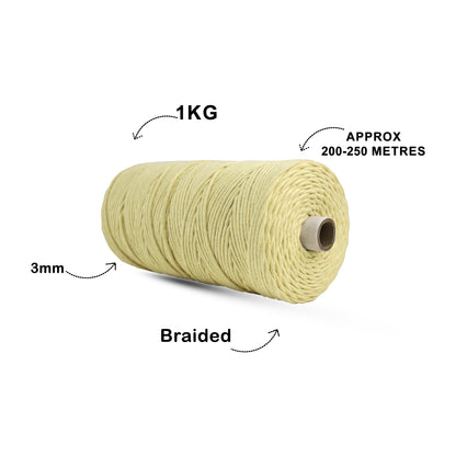 3mm Braided | Light Yellow | 150 Metres | Approx 700gms | Cotton | No 09