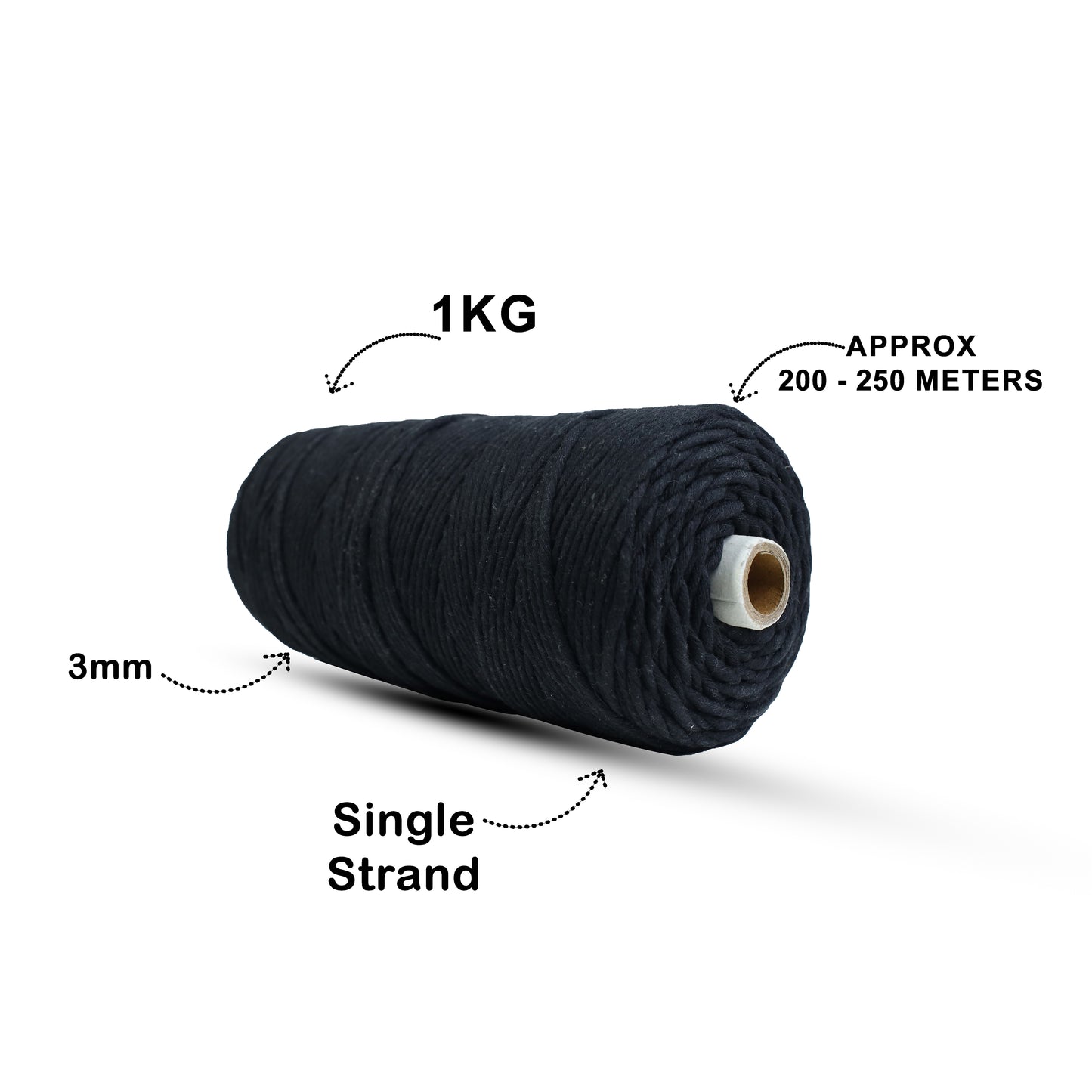 3mm Single Strand | Black | 200 - 250 Metres | 1kg Spool | Cotton | No 01