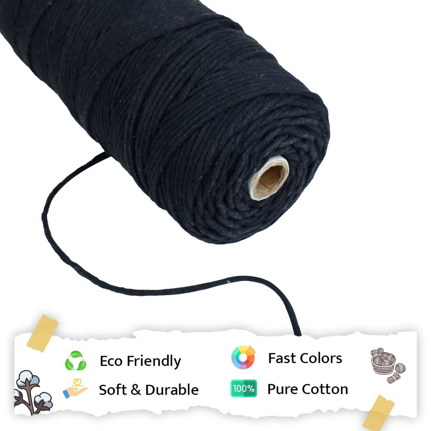 3mm Single Strand | Black | 200 - 250 Metres | 1kg Spool | Cotton | No 01