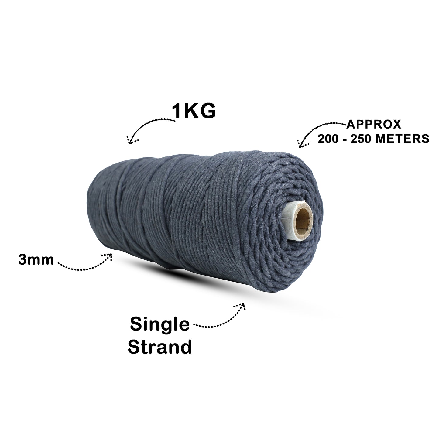 3mm Single Strand | Dark Grey | 200 - 250 Metres | 1kg Spool | Cotton | No 02