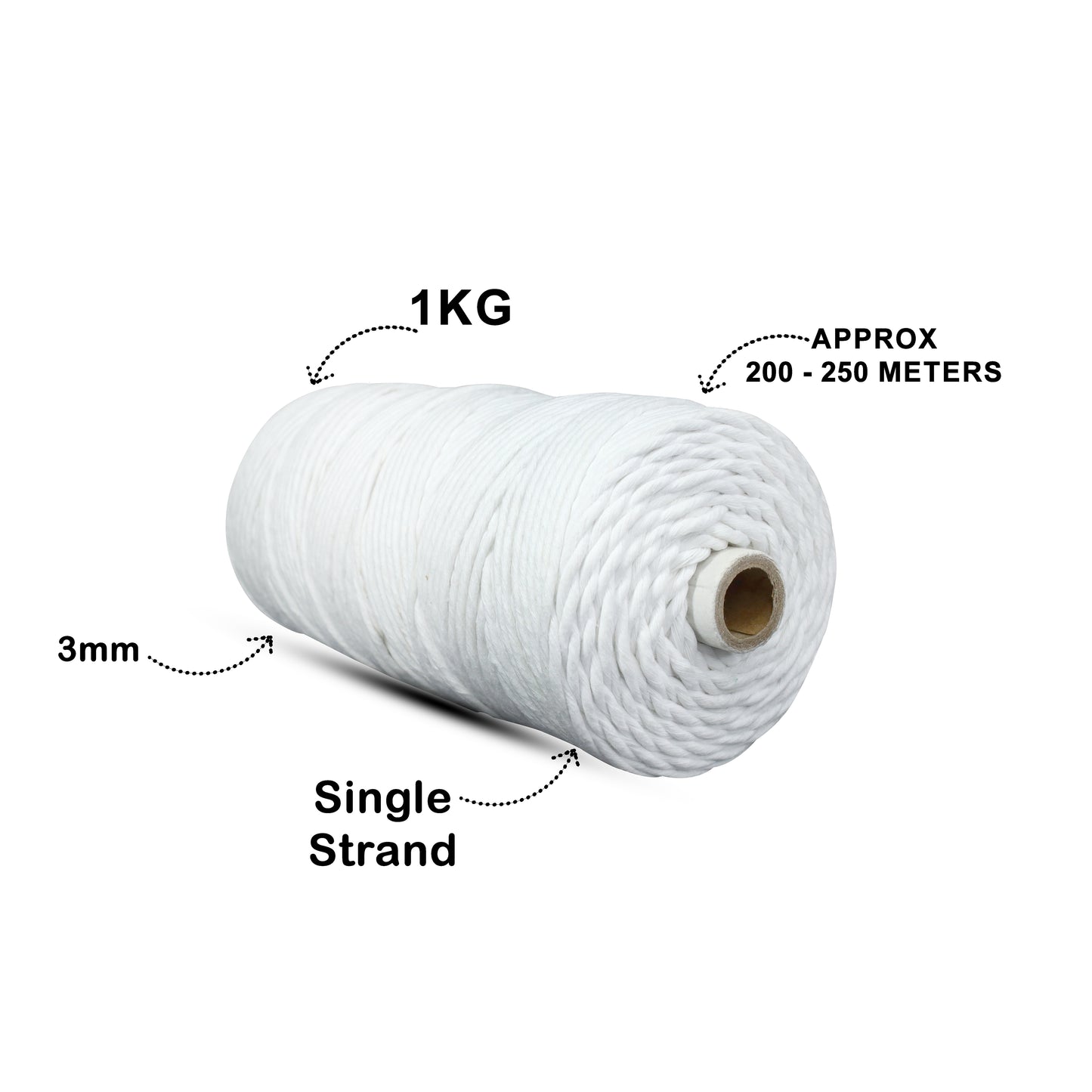 3mm Single Strand | Pure White | 200 - 250 Metres | 1kg Spool | Cotton | No 03