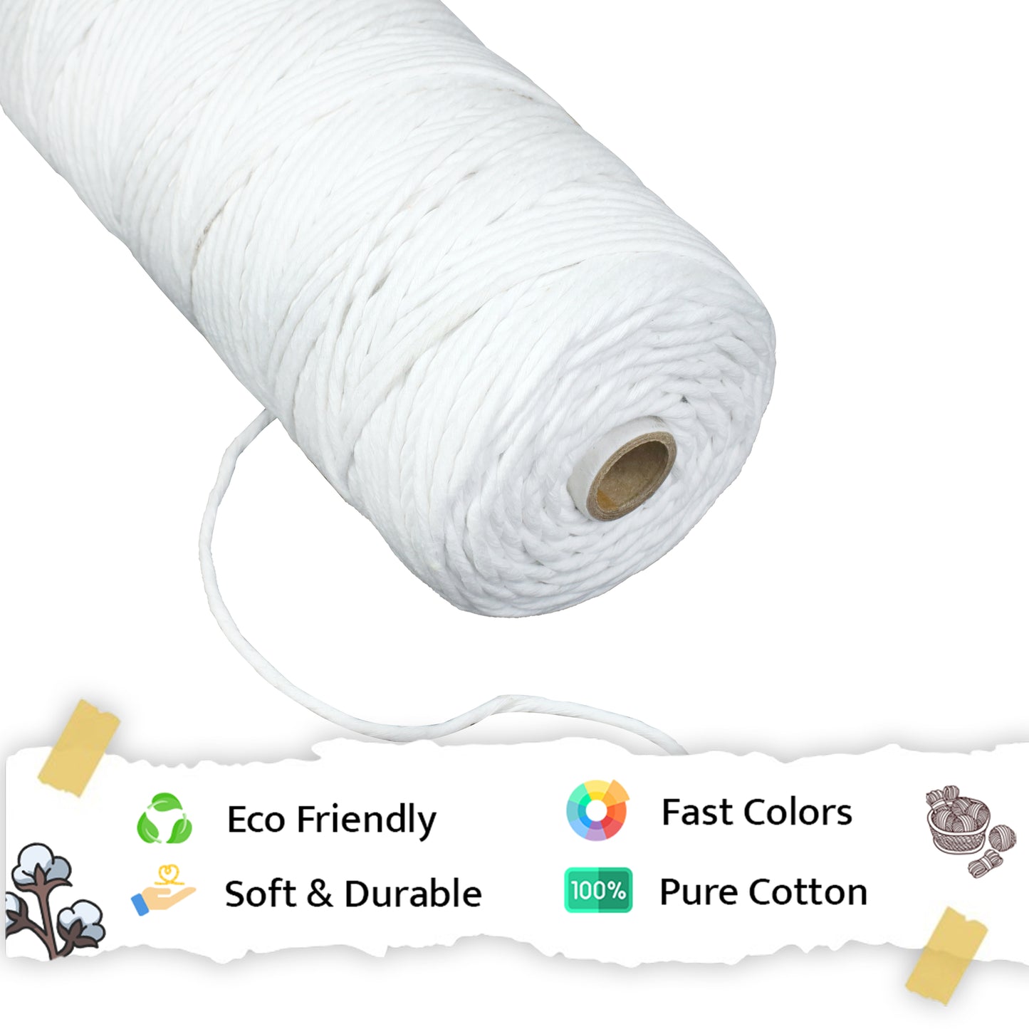 3mm Single Strand | Pure White | 200 - 250 Metres | 1kg Spool | Cotton | No 03