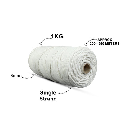 3mm Single Strand | Off White | 200 - 250 Metres | 1kg Spool | Cotton | No 04