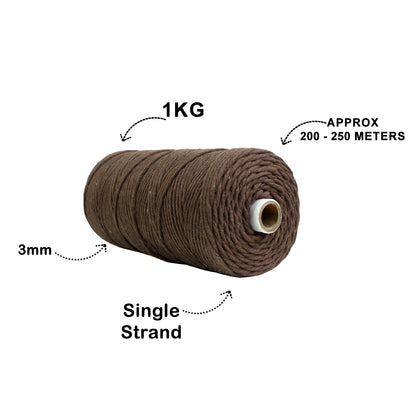 3mm Single Strand | Coffee Brown | 200 - 250 Metres | 1kg Spool | Cotton | No 05