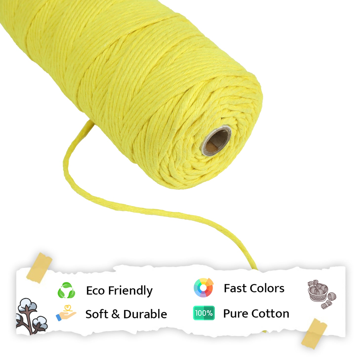 3mm Single Strand | Yellow | 200 - 250 Metres | 1kg Spool | Cotton | No 08