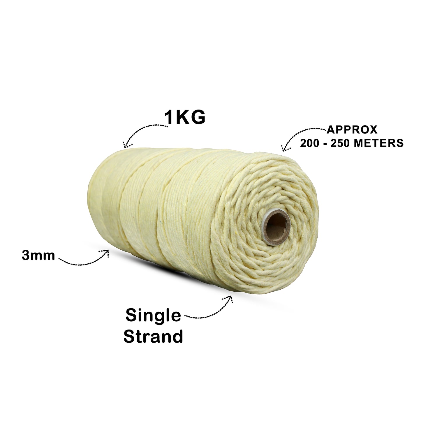 3mm Single Strand | Light Yellow | 200 - 250 Metres | 1kg Spool | Cotton | No 09