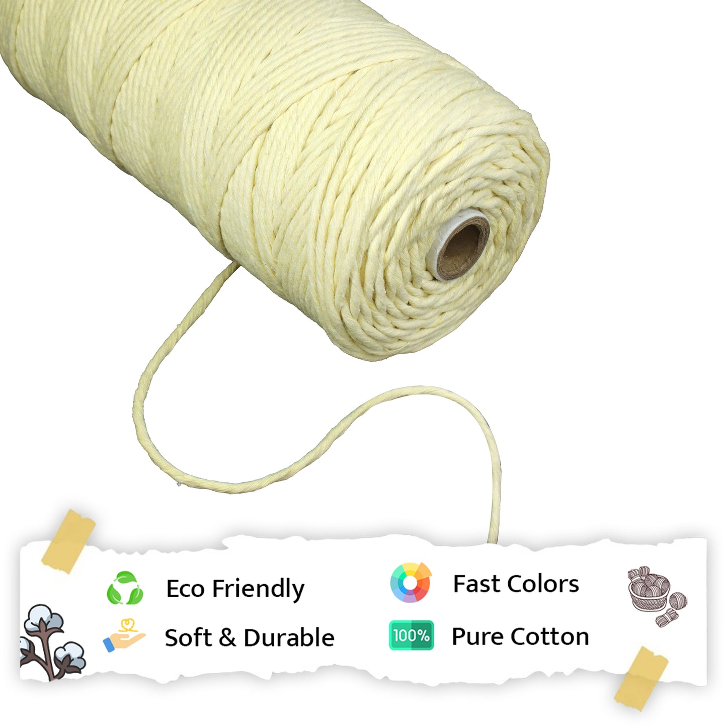 3mm Single Strand | Light Yellow | 200 - 250 Metres | 1kg Spool | Cotton | No 09