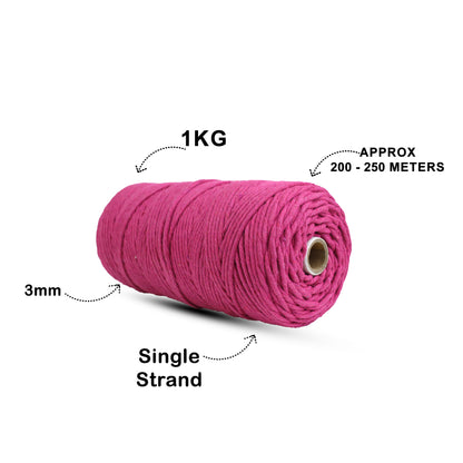 3mm Single Strand | Hot Pink | 200 - 250 Metres | 1kg Spool | Cotton | No 16