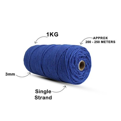 3mm Single Strand | Sapphire Blue | 200 - 250 Metres | 1kg Spool | Cotton | No 20