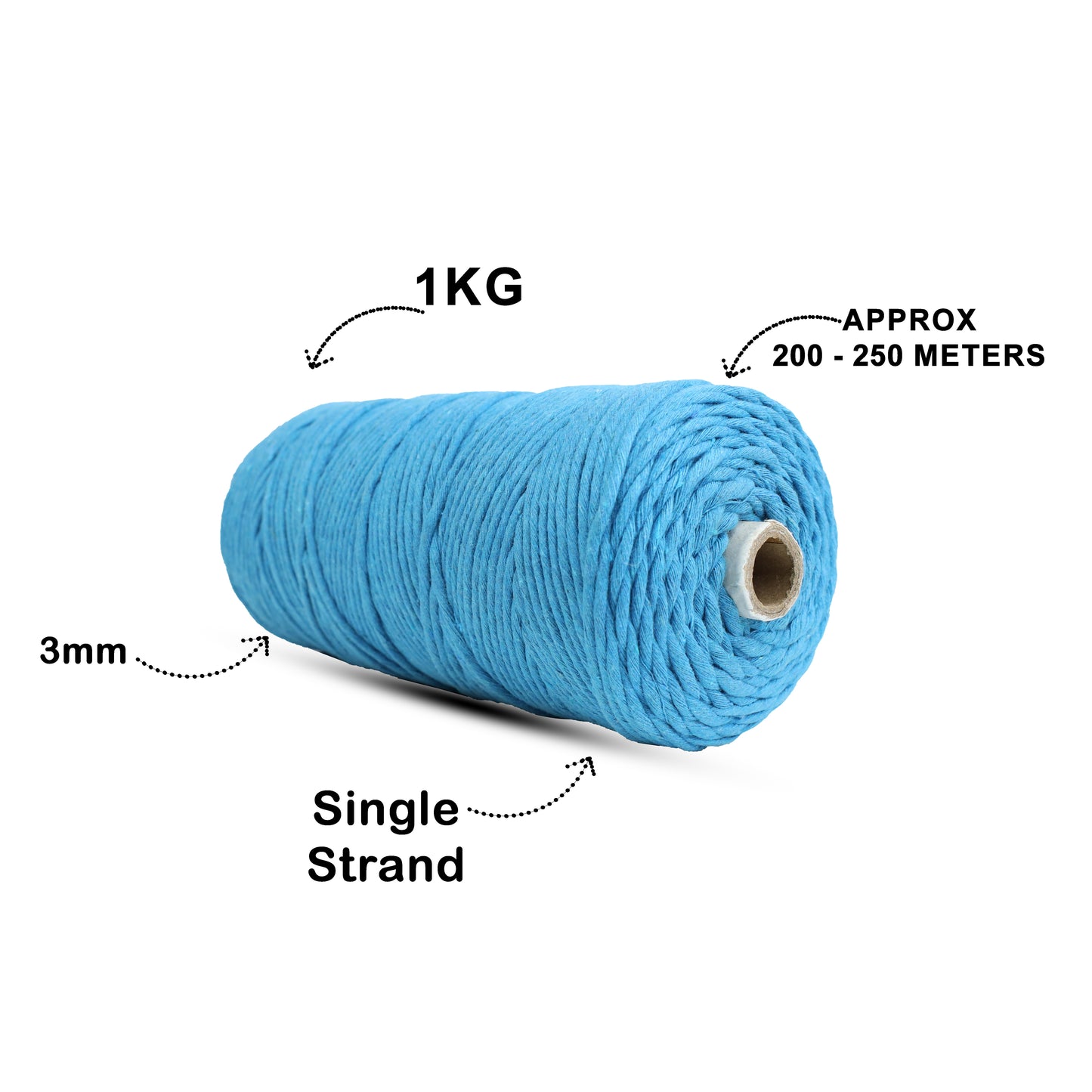 3mm Single Strand | Bright Blue | 200 - 250 Metres | 1kg Spool | Cotton | No 22