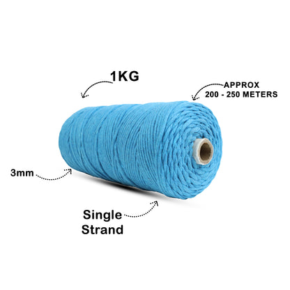 3mm Single Strand | Bright Blue | 200 - 250 Metres | 1kg Spool | Cotton | No 22