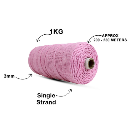 3mm Single Strand | Bubblegum Pink | 200 - 250 Metres | 1kg Spool | Cotton | No 26