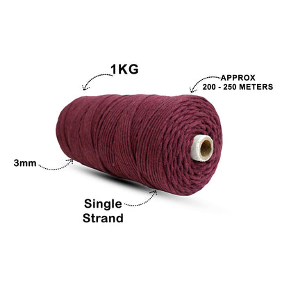 3mm Single Strand | Wine | 200 - 250 Metres | 1kg Spool | Cotton | No 29