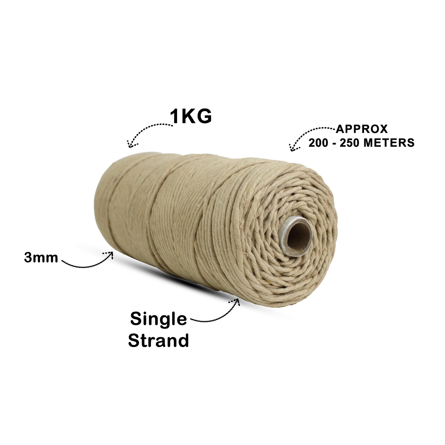 3mm Single Strand | Beige | 200 - 250 Metres | 1kg Spool | Cotton | No 30