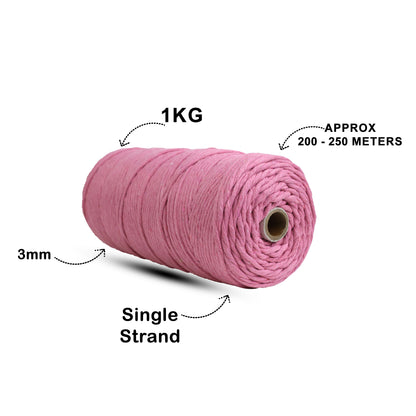 3mm Single Strand | Bright Pink | 200 - 250 Metres | 1kg Spool | Cotton | No 33