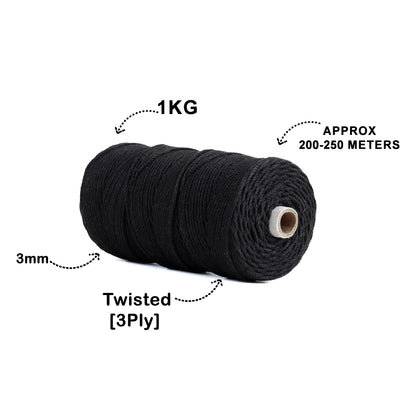 3mm Twisted (3Ply) | Black | 200 - 250 Metres | 1kg Spool | Cotton | No 01