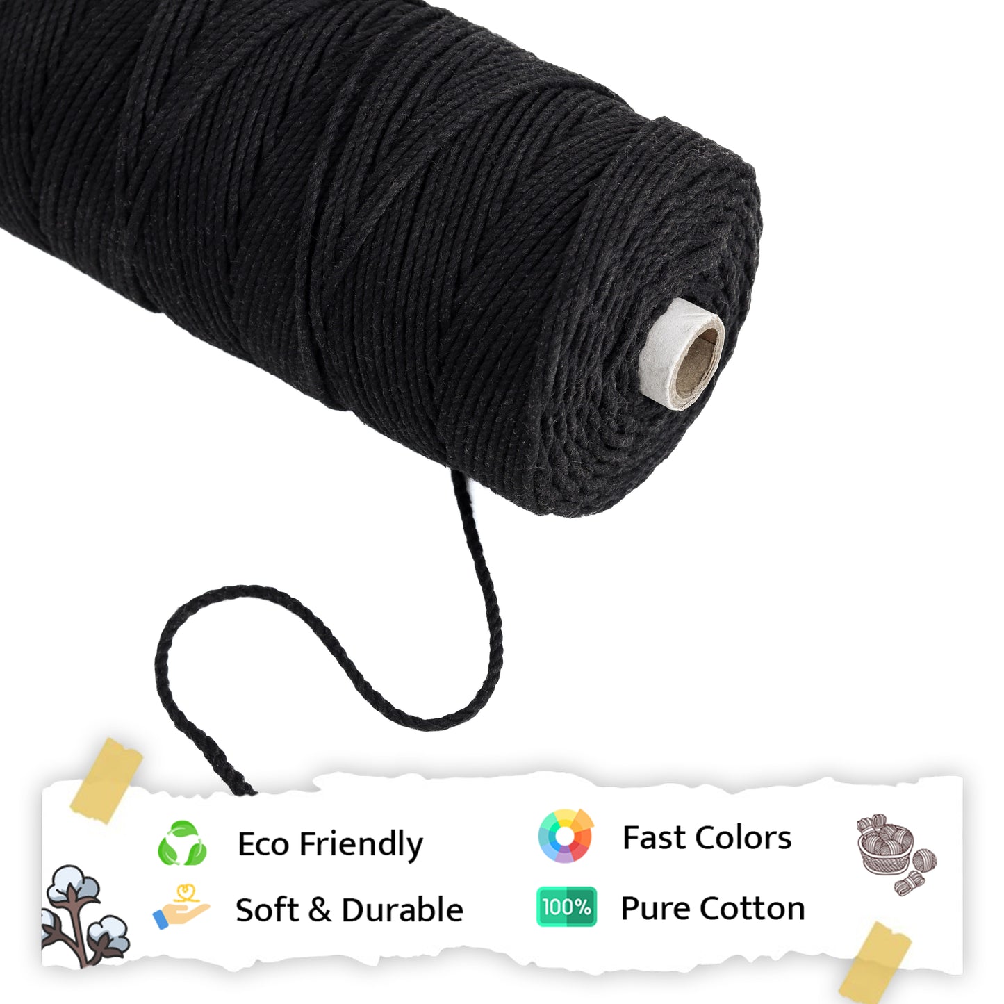 3mm Twisted (3Ply) | Black | 200 - 250 Metres | 1kg Spool | Cotton | No 01