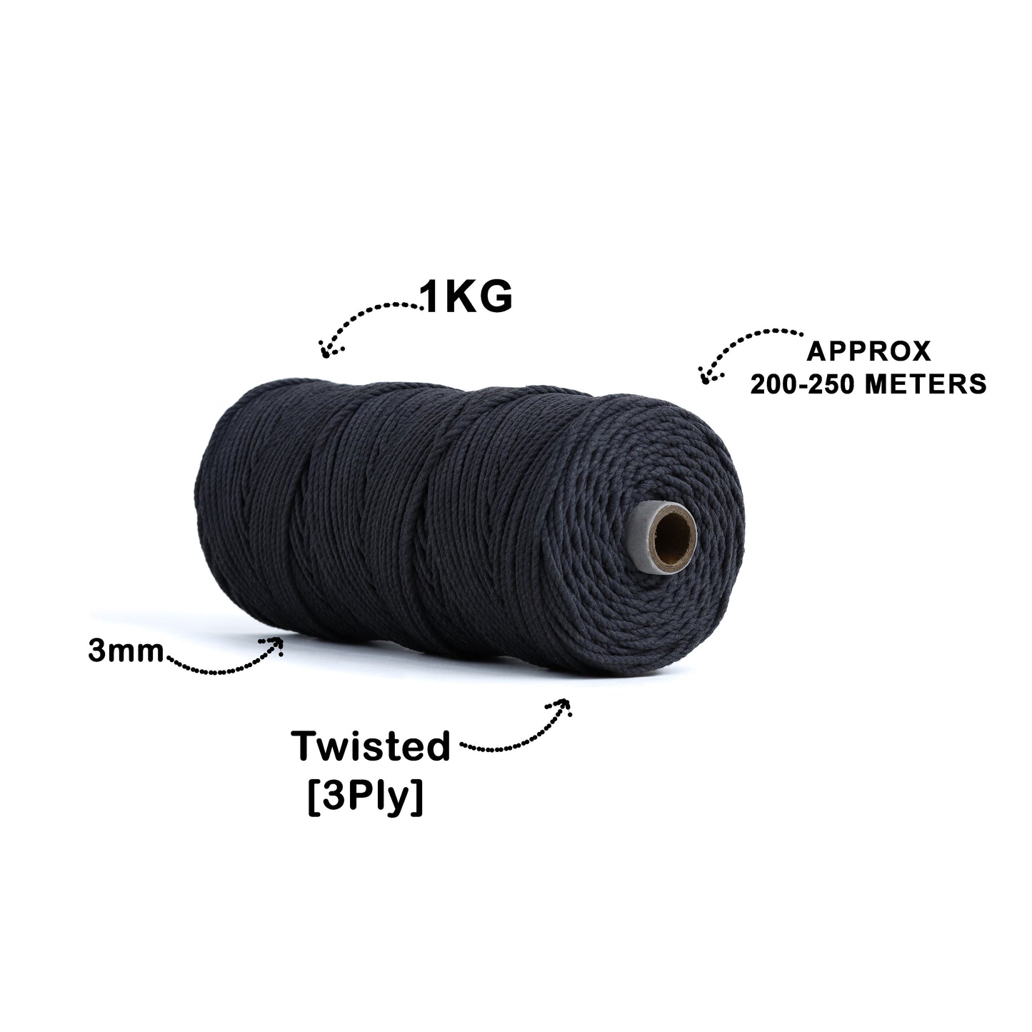 3mm Twisted (3Ply) | Dark Grey | 200 - 250 Metres | 1kg Spool | Cotton | No 02