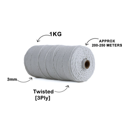 3mm Twisted (3Ply) | Pure White | 200 - 250 Metres | 1kg Spool | Cotton | No 03