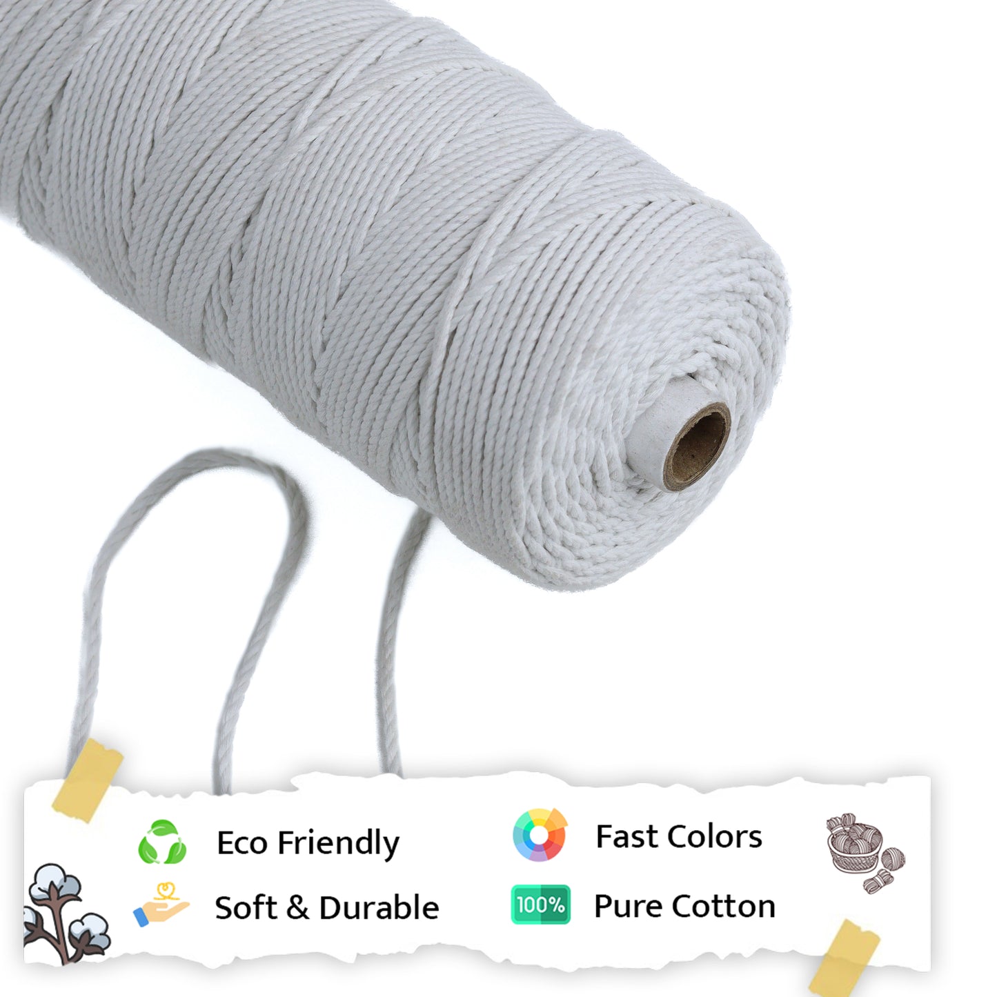 3mm Twisted (3Ply) | Pure White | 200 - 250 Metres | 1kg Spool | Cotton | No 03