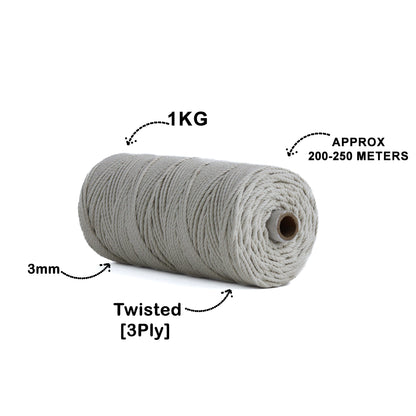 3mm Twisted (3Ply) | Off White | 200 - 250 Metres | 1kg Spool | Cotton | No 04