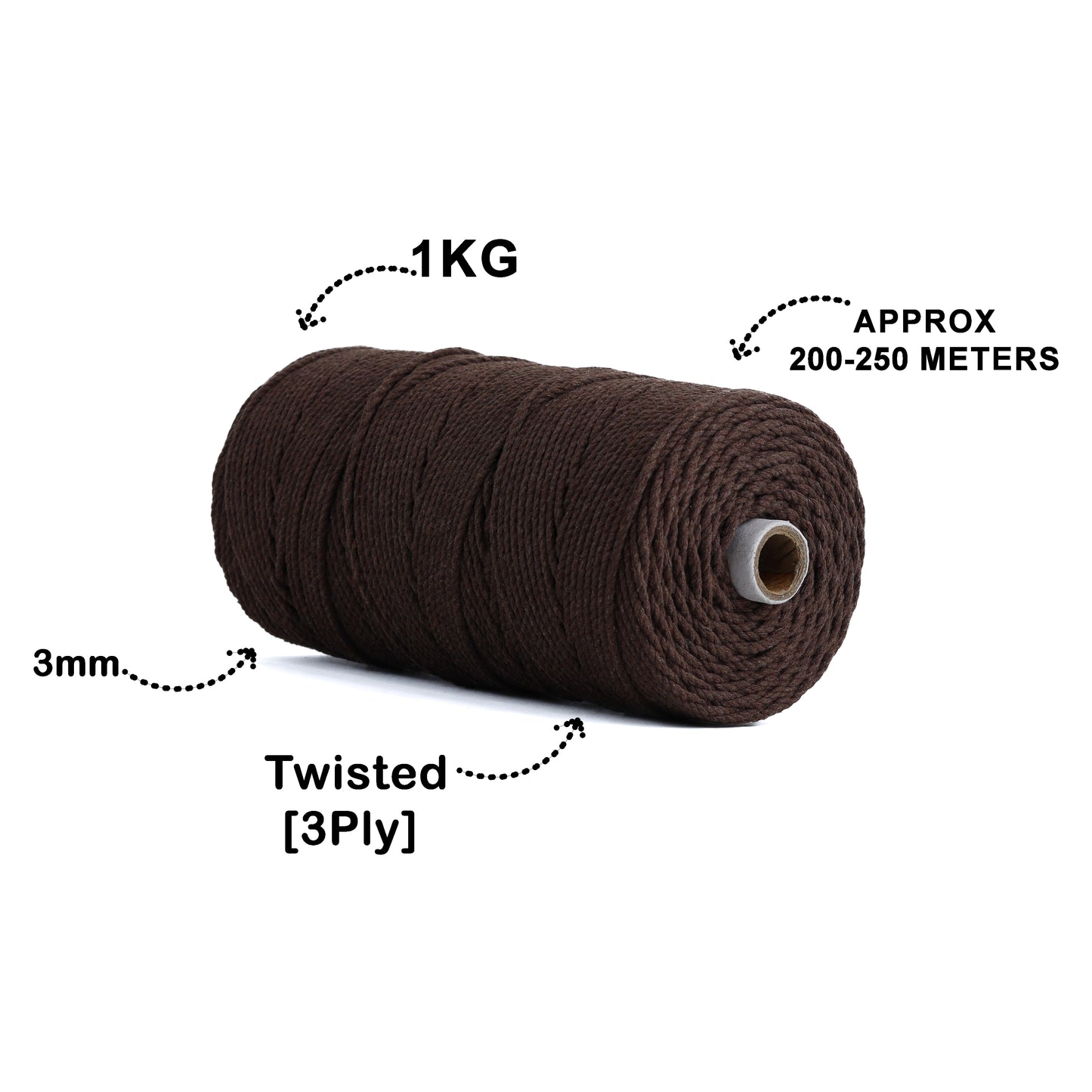 3mm Twisted (3Ply) | Coffee Brown | 200 - 250 Metres | 1kg Spool | Cotton | No 05