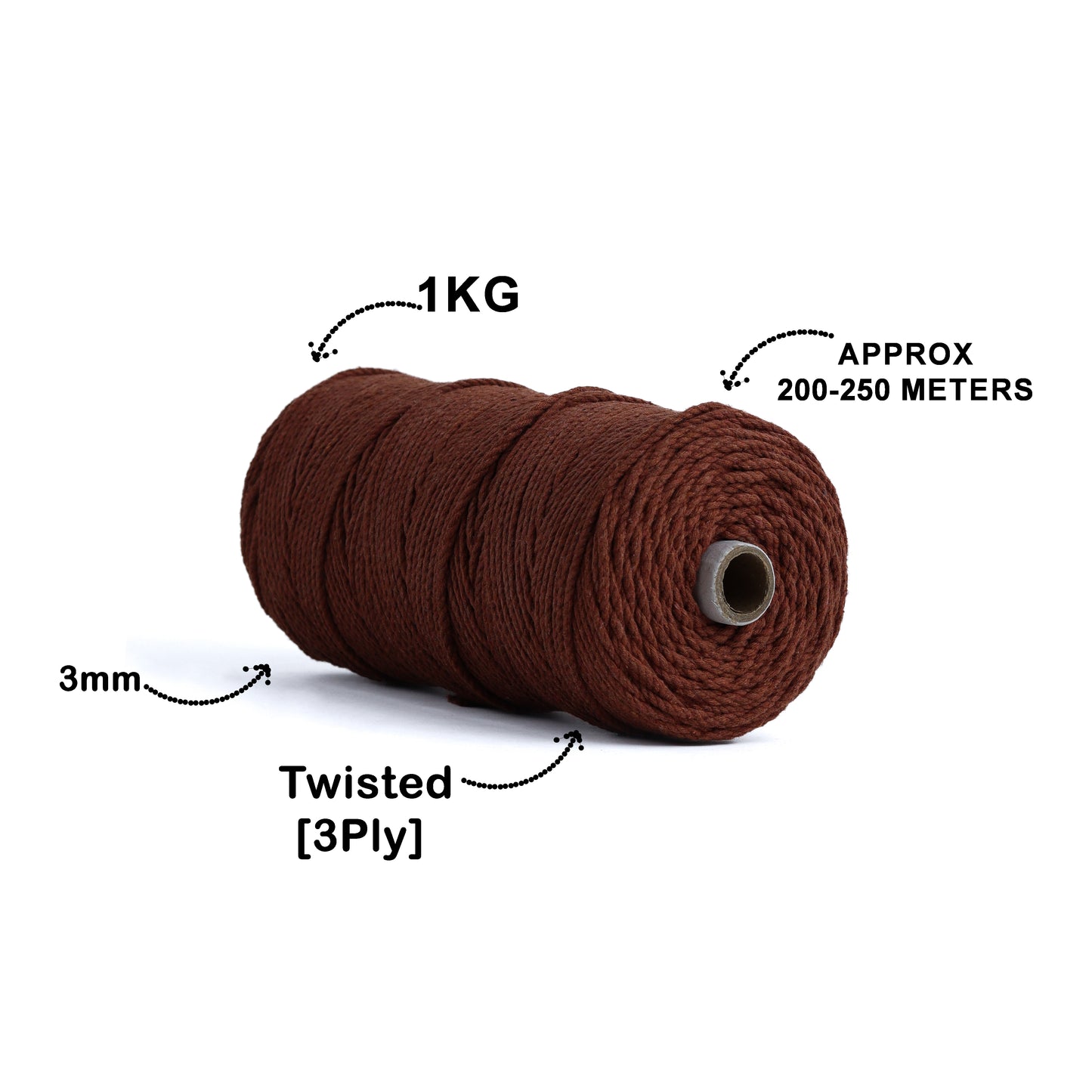 3mm Twisted (3Ply) | Chocolate | 200 - 250 Metres | 1kg Spool | Cotton | No 06