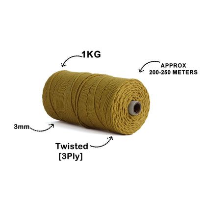 3mm Twisted (3Ply) | Mustard | 200 - 250 Metres | 1kg Spool | Cotton | No 07