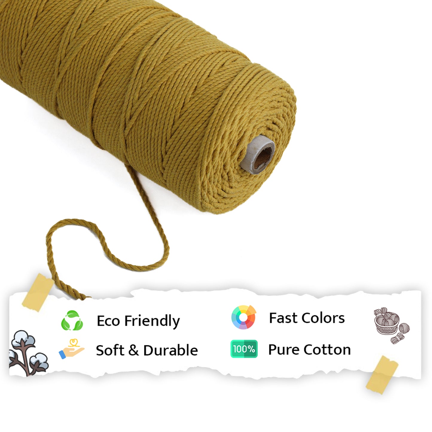 3mm Twisted (3Ply) | Mustard | 200 - 250 Metres | 1kg Spool | Cotton | No 07