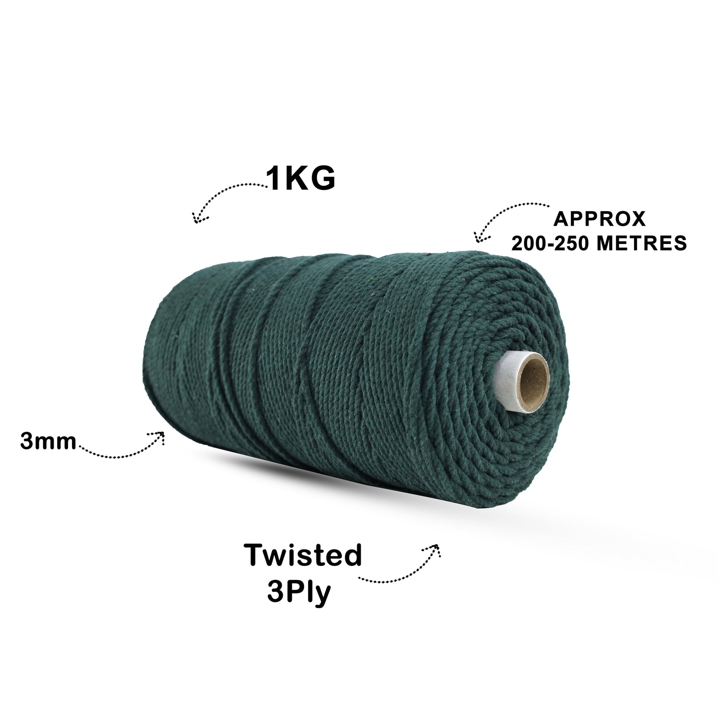 3mm Twisted (3Ply) | Forest Green | 200 - 250 Metres | 1kg Spool | Cotton | No 10