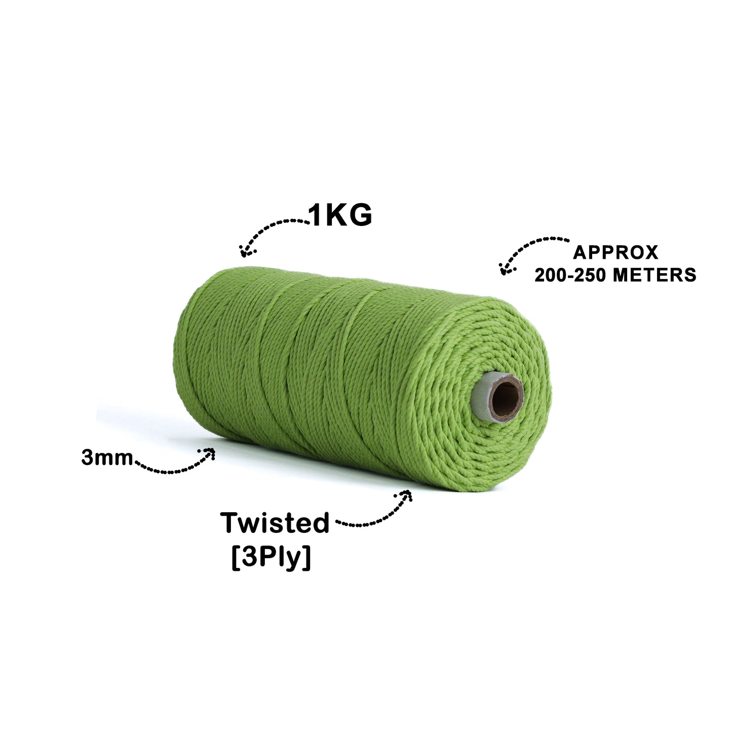 3mm Twisted (3Ply) | Parrot Green | 200 - 250 Metres | 1kg Spool | Cotton | No 13