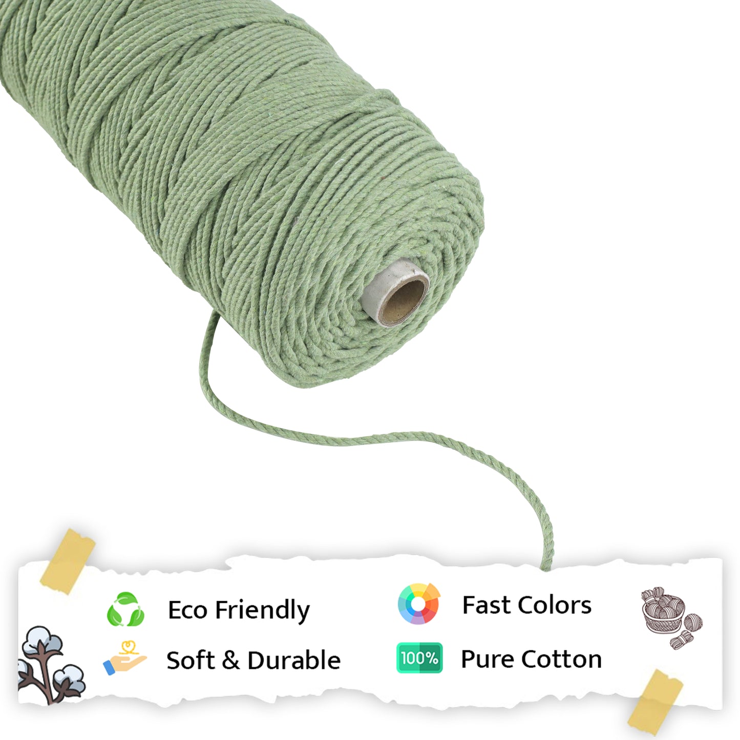 3mm Twisted (3Ply) | Olive Green | 200 - 250 Metres | 1kg Spool | Cotton | No 14