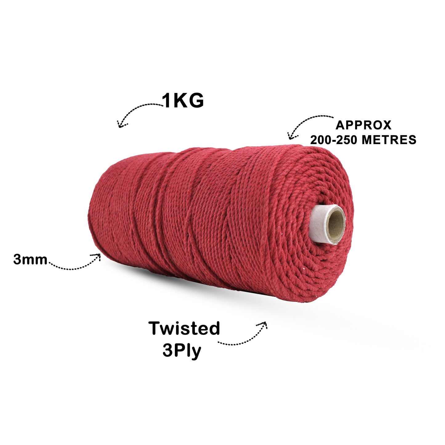 3mm Twisted (3Ply) | Red | 200 - 250 Metres | 1kg Spool | Cotton | No 15