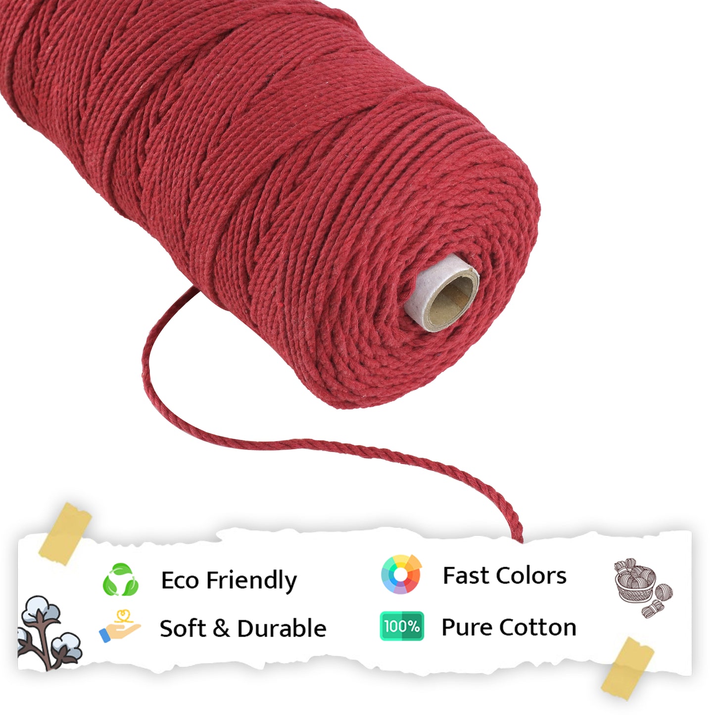 3mm Twisted (3Ply) | Red | 200 - 250 Metres | 1kg Spool | Cotton | No 15