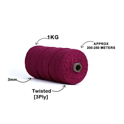 3mm Twisted (3Ply) | Hot Pink | 200 - 250 Metres | 1kg Spool | Cotton | No 16