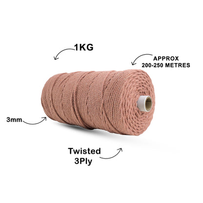 3mm Twisted (3Ply) | Peach | 200 - 250 Metres | 1kg Spool | Cotton | No 17