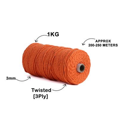 3mm Twisted (3Ply) | Orange | 200 - 250 Metres | 1kg Spool | Cotton | No 19