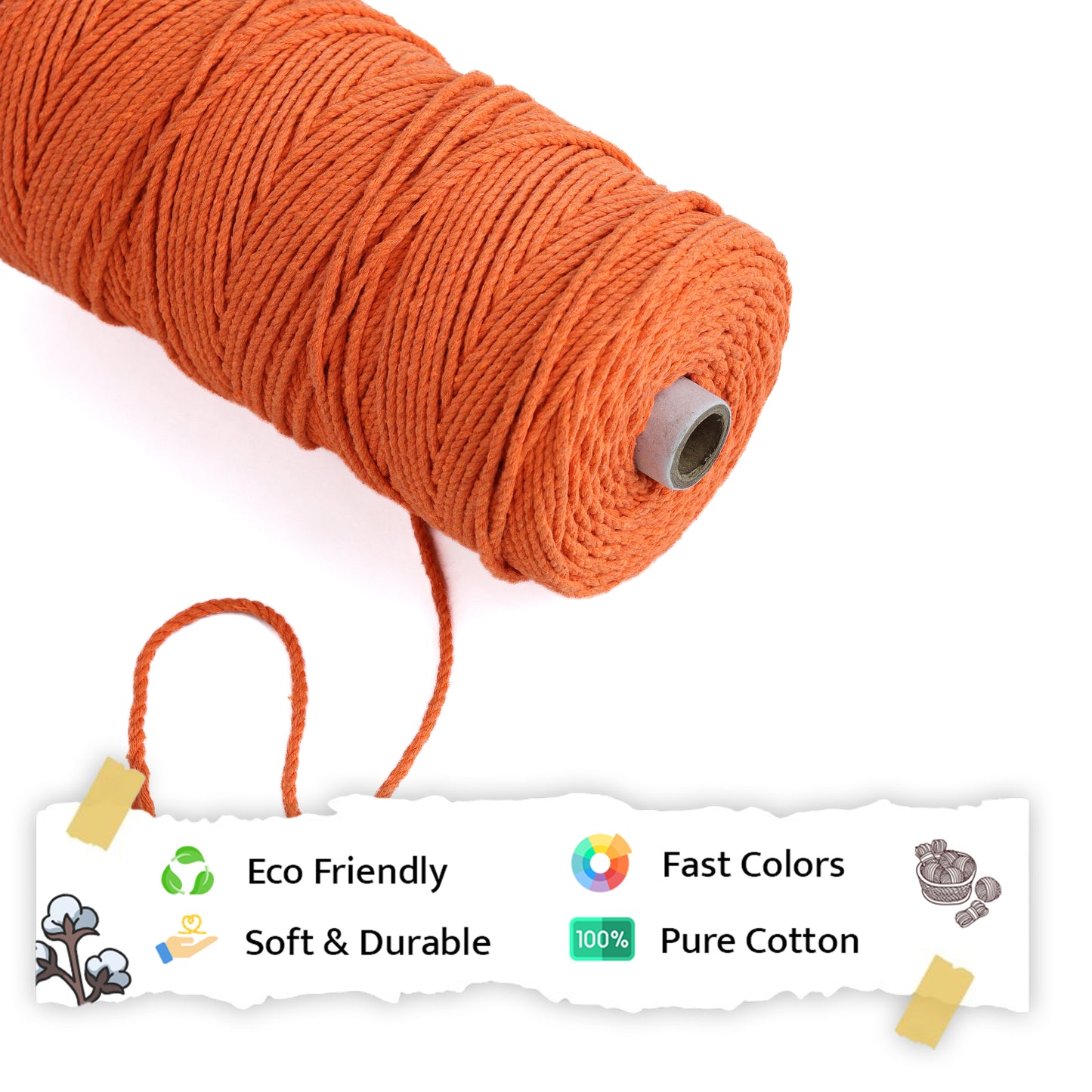 3mm Twisted (3Ply) | Orange | 200 - 250 Metres | 1kg Spool | Cotton | No 19