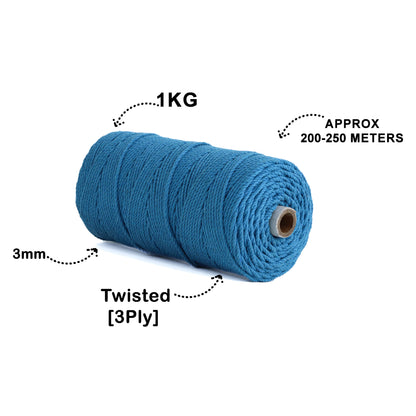 3mm Twisted (3Ply) | Bright Blue | 200 - 250 Metres | 1kg Spool | Cotton | No 22