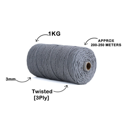 3mm Twisted (3Ply) | Steel Grey | 200 - 250 Metres | 1kg Spool | Cotton | No 24